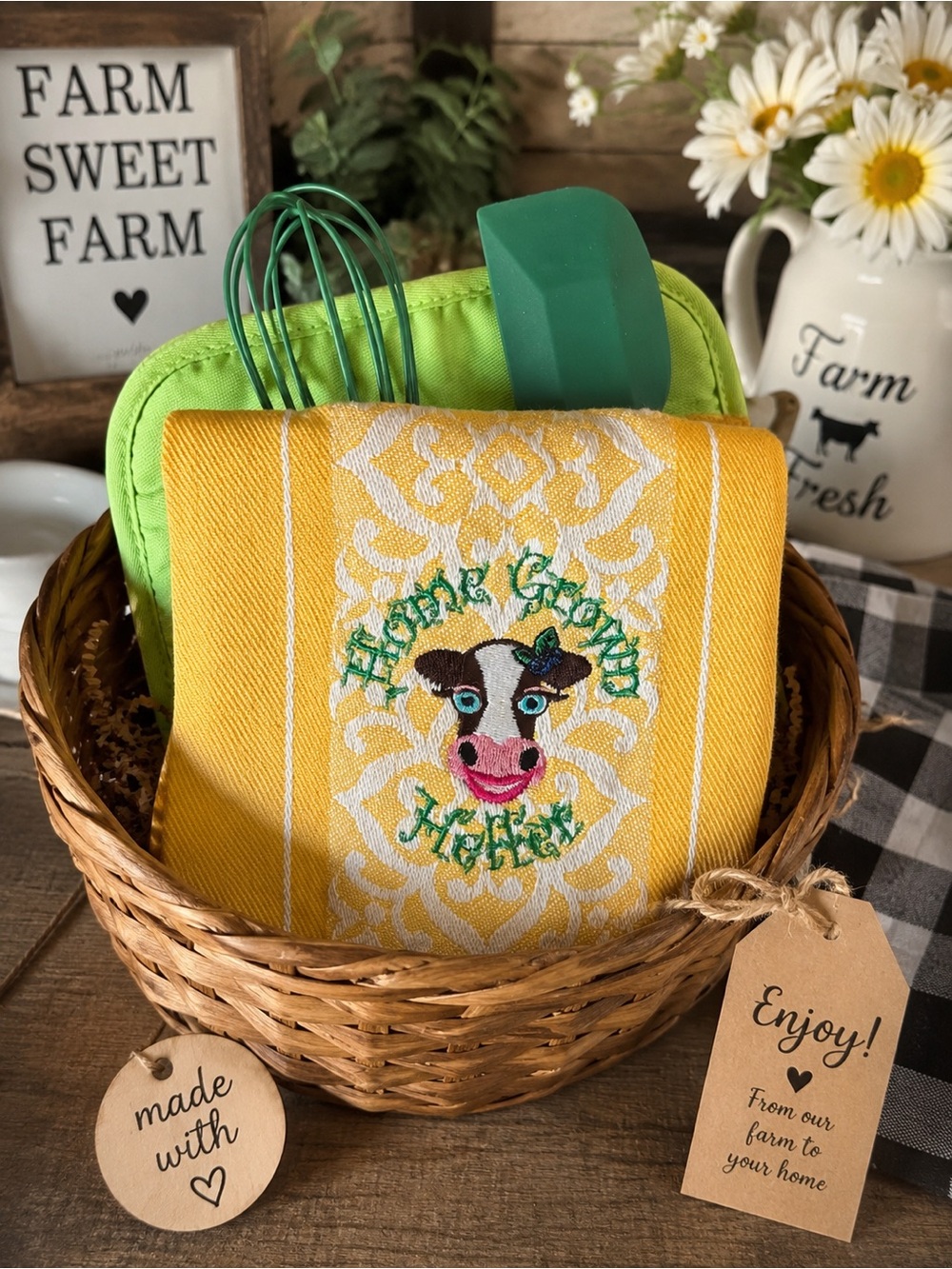 Farmhouse Yellow Embroidered Cow Kitchen Towel Gift Set